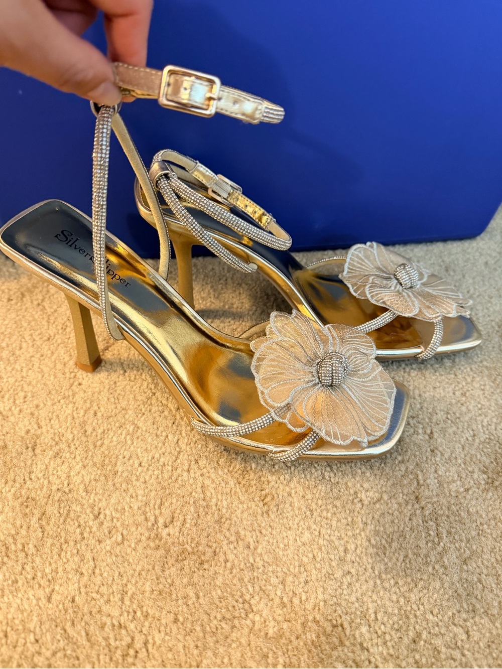 Silver Evening Floral Ankle-Strap Heels